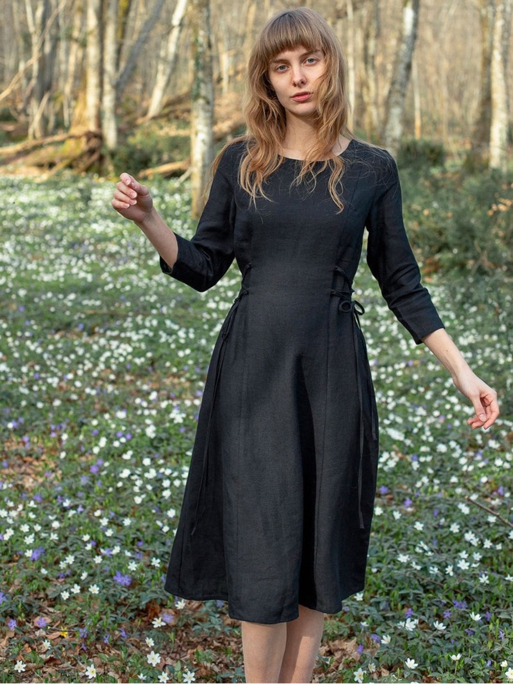 Voriagh Elina Black Linen Midi Dress Kirtle Size XL Black